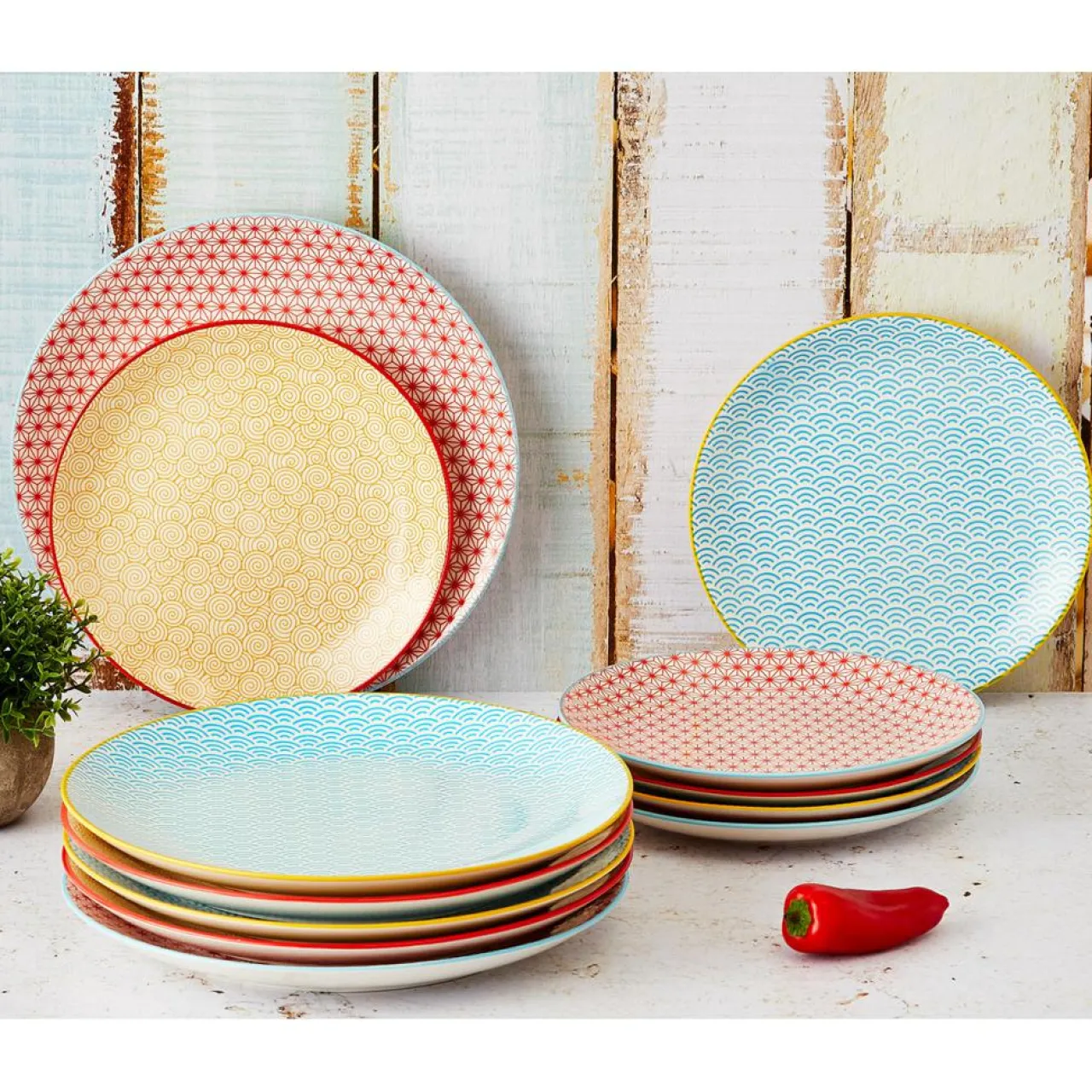 6 Assiettes à dessert Pattern Color bleu clair/rouge/jaune - D.21 cm