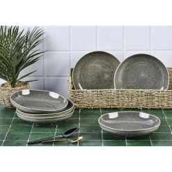 6 Assiettes creuses en Grès Stellar gris/anthracite - D.22.5 cm