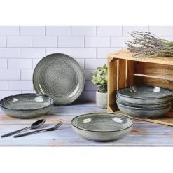 6 Assiettes creuses en Grès Zen gris/bleu - D.22.5 cm