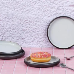 4 Assiettes en Grès Gourmet blanc granité/noir onyx - D.15 cm