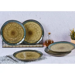 6 Assiettes en Grès Island kaki/bleu - D.28 cm