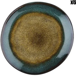6 Assiettes en Grès Island kaki/bleu - D.20.5 cm