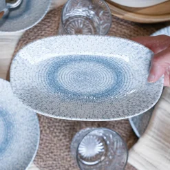 6 Assiettes OvalesAqua 23.5X13.5Cm EnPorcelaine Blanc Et Bleu