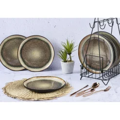 6 Assiettes plates en Grès Iris beige/marron - D.26 cm