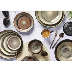 6 Assiettes plates en Grès Iris beige/marron - D.26 cm