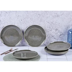 6 Assiettes plates en Grès Stellar gris/anthracite - D.27 cm