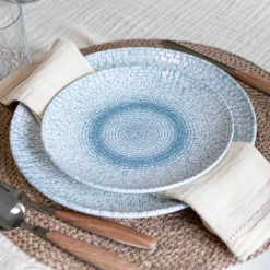 6 Assiettes PlatesAqua 27Cm En PorcelaineBlanc Et Bleu