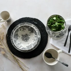 6 Assiettes PlatesFlorali 26Cm En GrèsDécor Noir