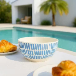 6 Bols Corfu 58ClEn Grès Blanc Avec DesRayures Bleues