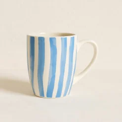 6 Mugs Corfu 38Cl EnGrès Blanc Avec DesRayures Bleues