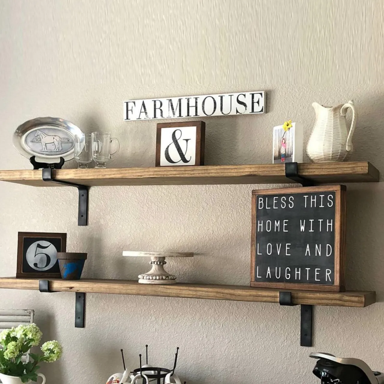 2 Étagères murales noyer noires - 60x16x14 cm