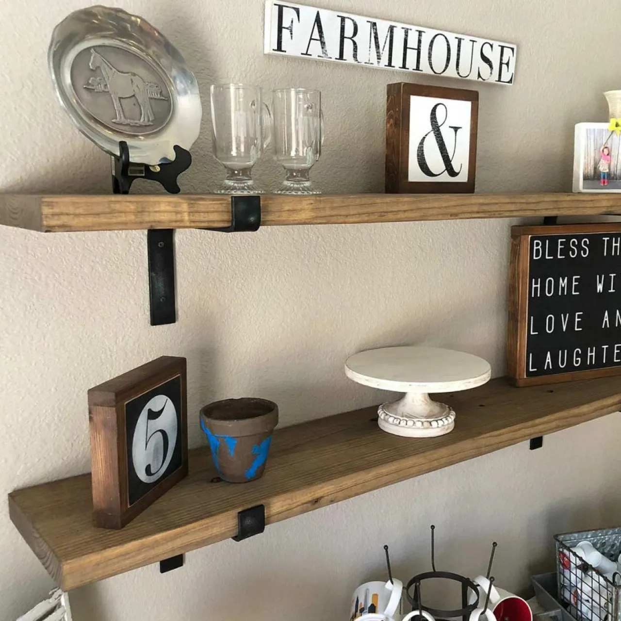 2 Étagères murales noyer noires - 60x16x14 cm