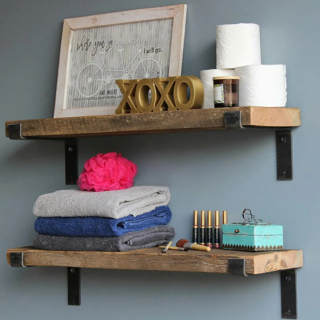 2 Étagères murales noyer noires - 60x16x14 cm