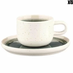 6 Tasses avec soucoupe Oxygen gris/vert bouteille/beige - 20 cl