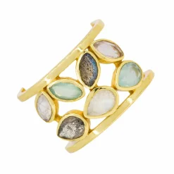 Bague Debora Quartz, Labradorite et Jade en laiton doré