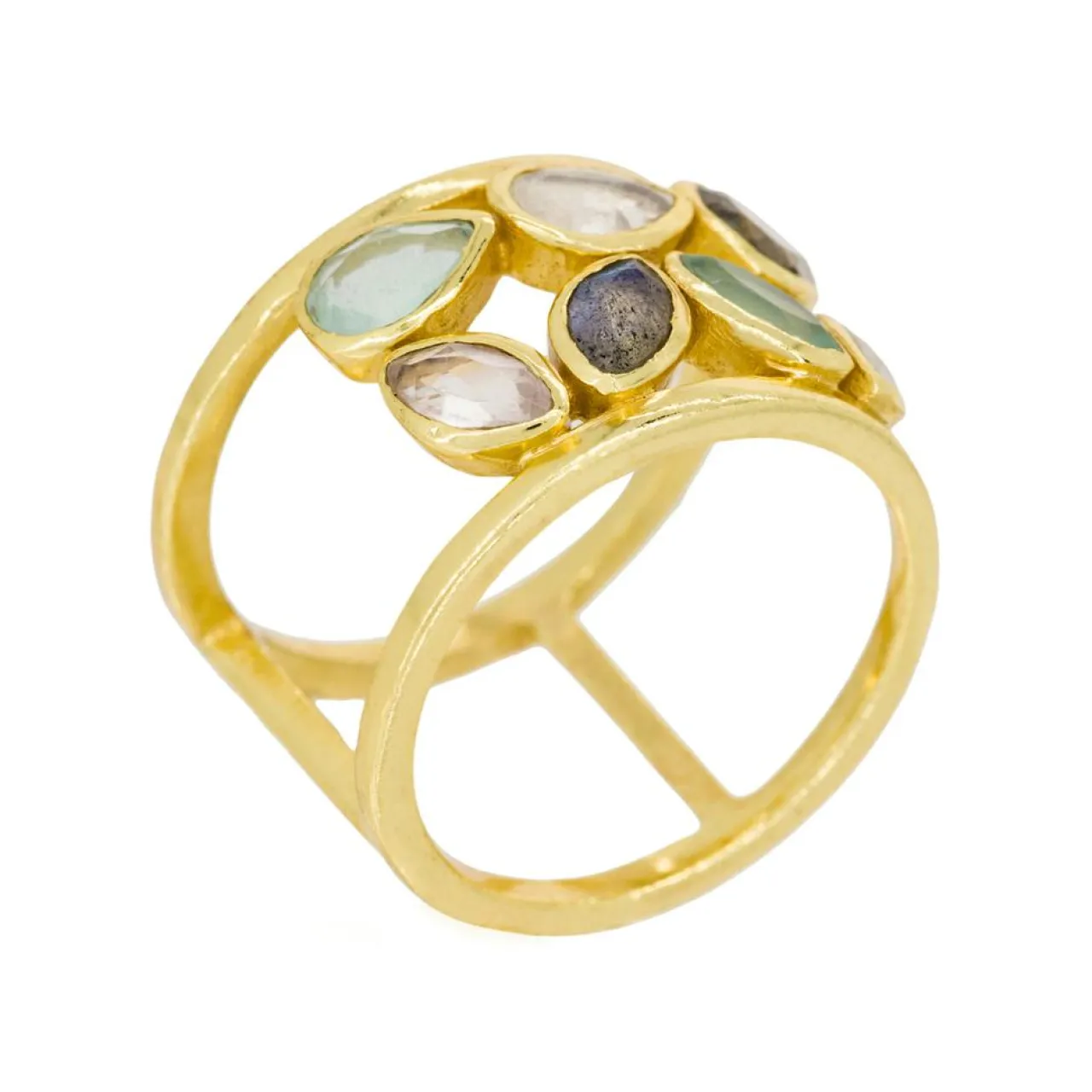 Bague Debora Quartz, Labradorite et Jade en laiton doré