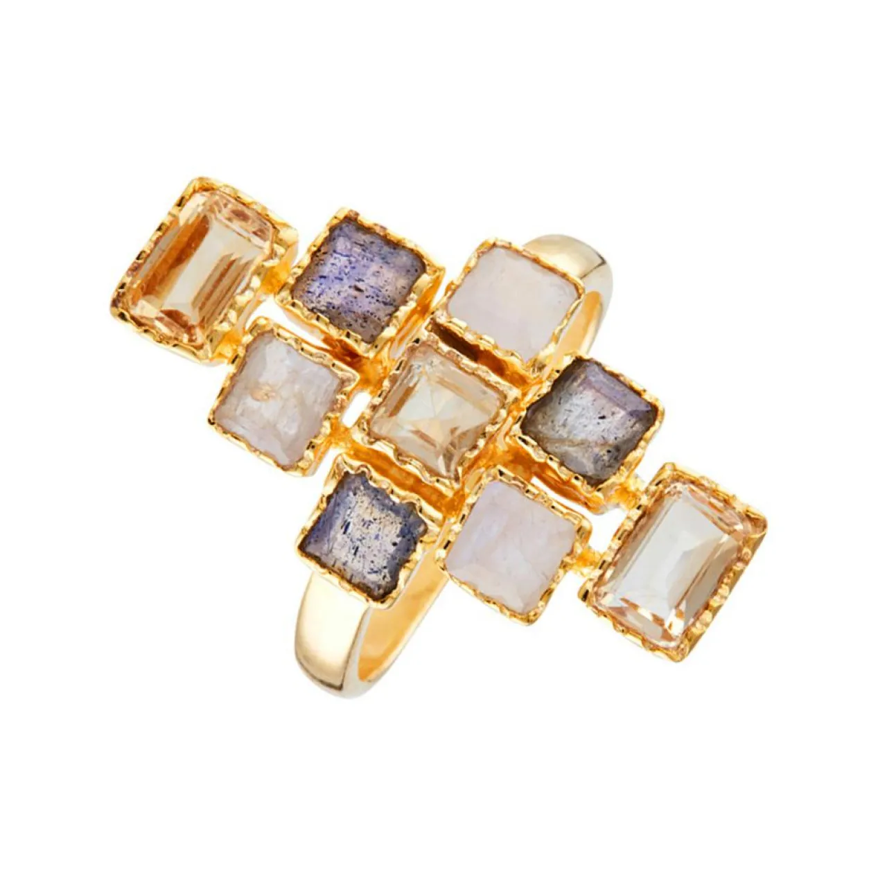 Bague Maya Labradorite grise & Pierre de lune en laiton doré