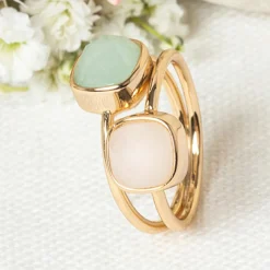 Bague Naelia Quartz rose & Amazonite en laiton doré