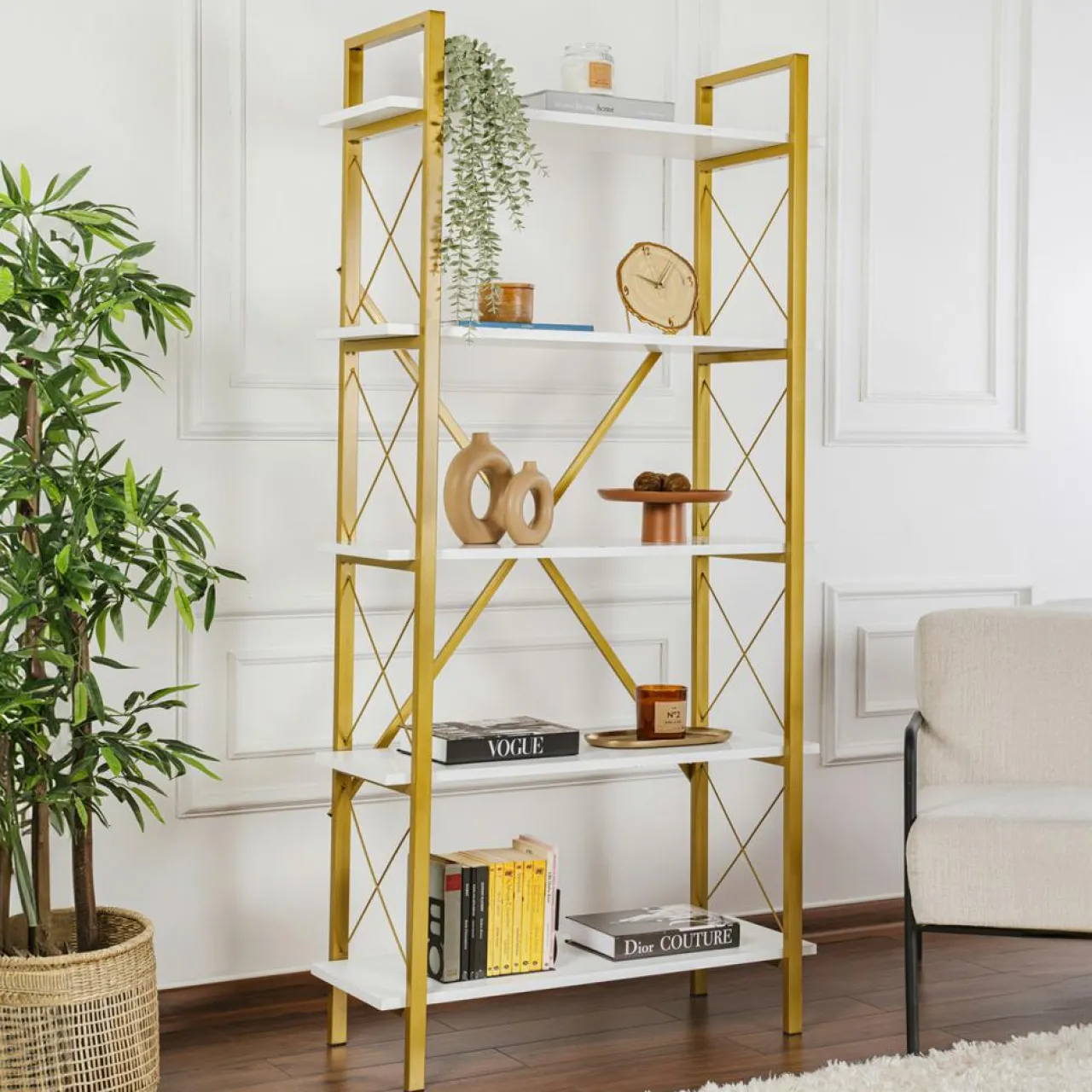 Bibliothèque Elysian blanc/doré - 180x90x33.5 cm