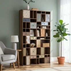 Bibliothèque multi-matériaux peau de vache bois sculpté Naturel - 115x30x200 cm