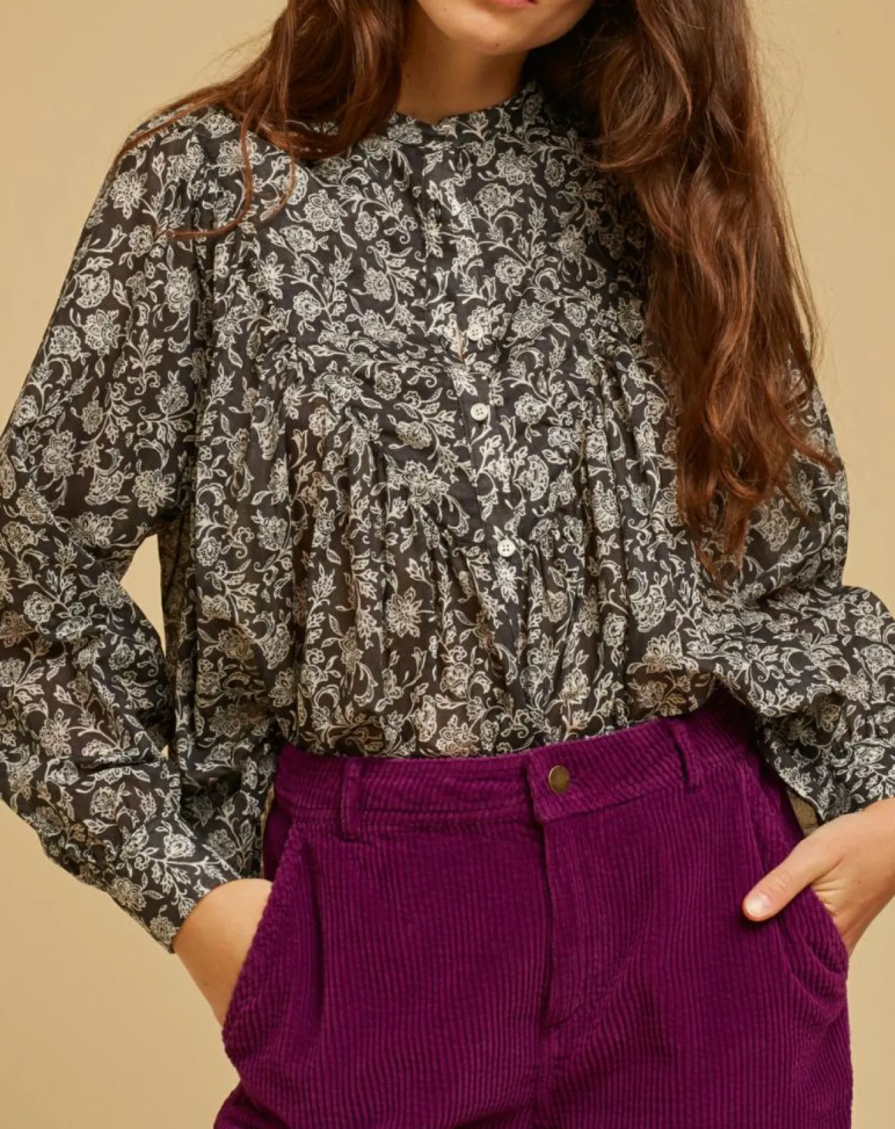 Blouse ample Alba en Voile de Coton imprimée noire