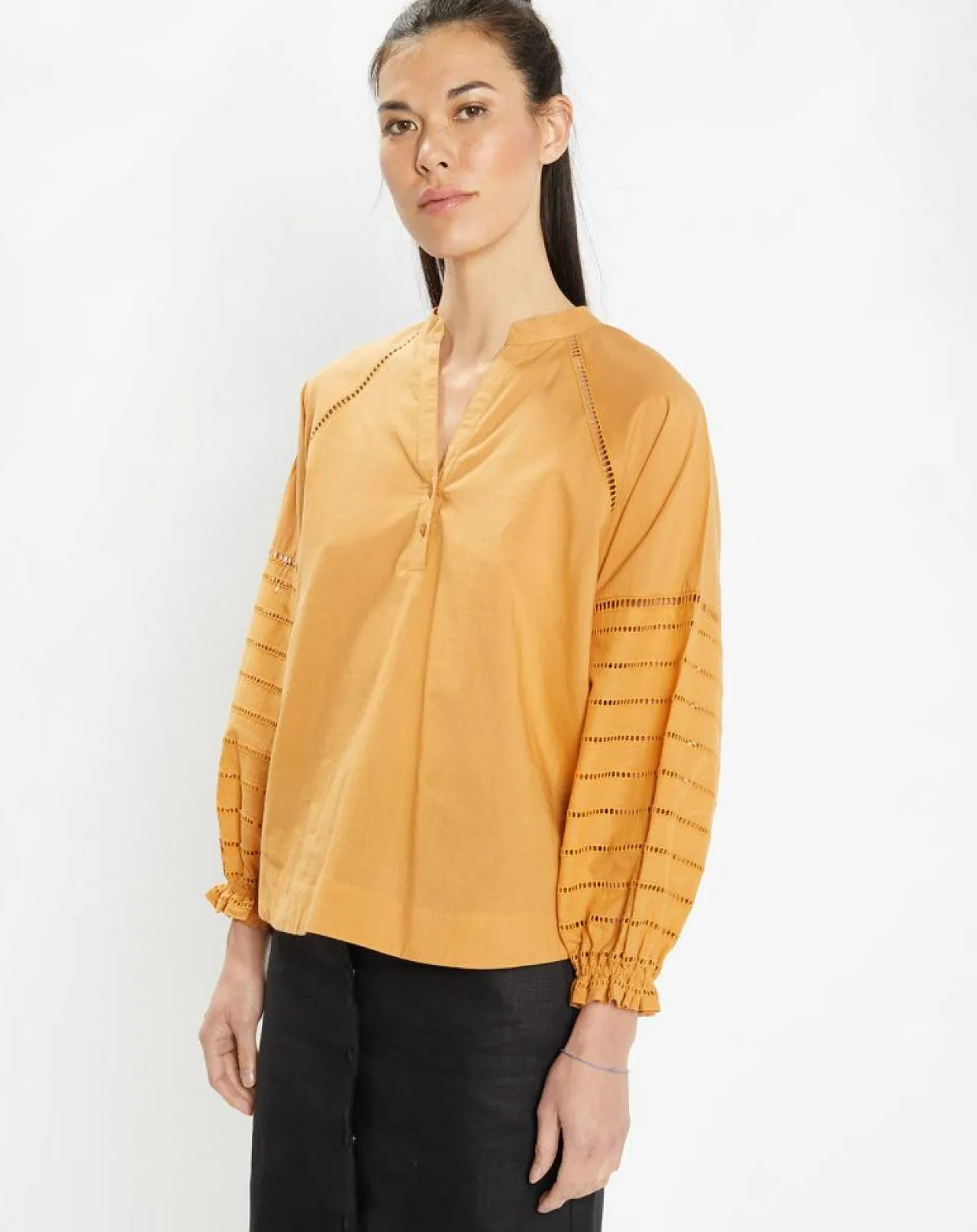 Blouse ample en Coton Ramos broderie jaune foncé