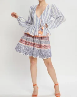 Blouse cache-coeur Ibiza écru/bleu