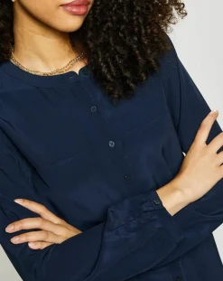 Blouse col mao boutons bleu marine