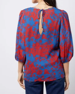 Blouse en voile imprimé fendue au dos rouge/bleu