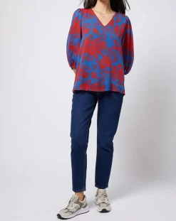 Blouse en voile imprimé fendue au dos rouge/bleu
