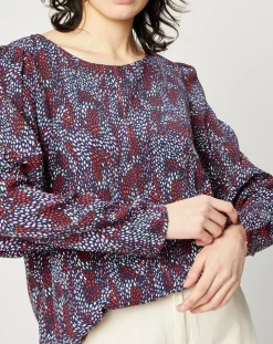 Blouse fluide à manches bouffantes motifs prune/bleu