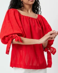 Blouse Ralenti texturée manches bouffantes rouge