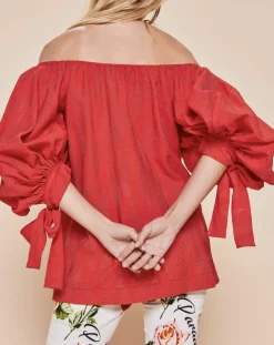 Blouse Ralenti texturée manches bouffantes rouge