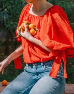 Blouse Ralenti texturée manches bouffantes rouge