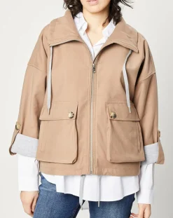 Blouson zippé à grande poche beige foncé