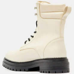 Boots en Cuir à lacets col matelassé beiges - Talon 3 cm