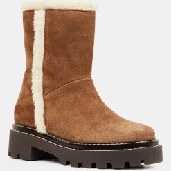 Boots en Velours de Cuir fourrée camel - Talon 5 cm
