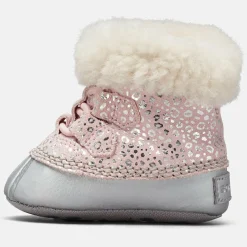 Boots fourrées en Velours de Cuir Caribootie motif léopard rose/argenté