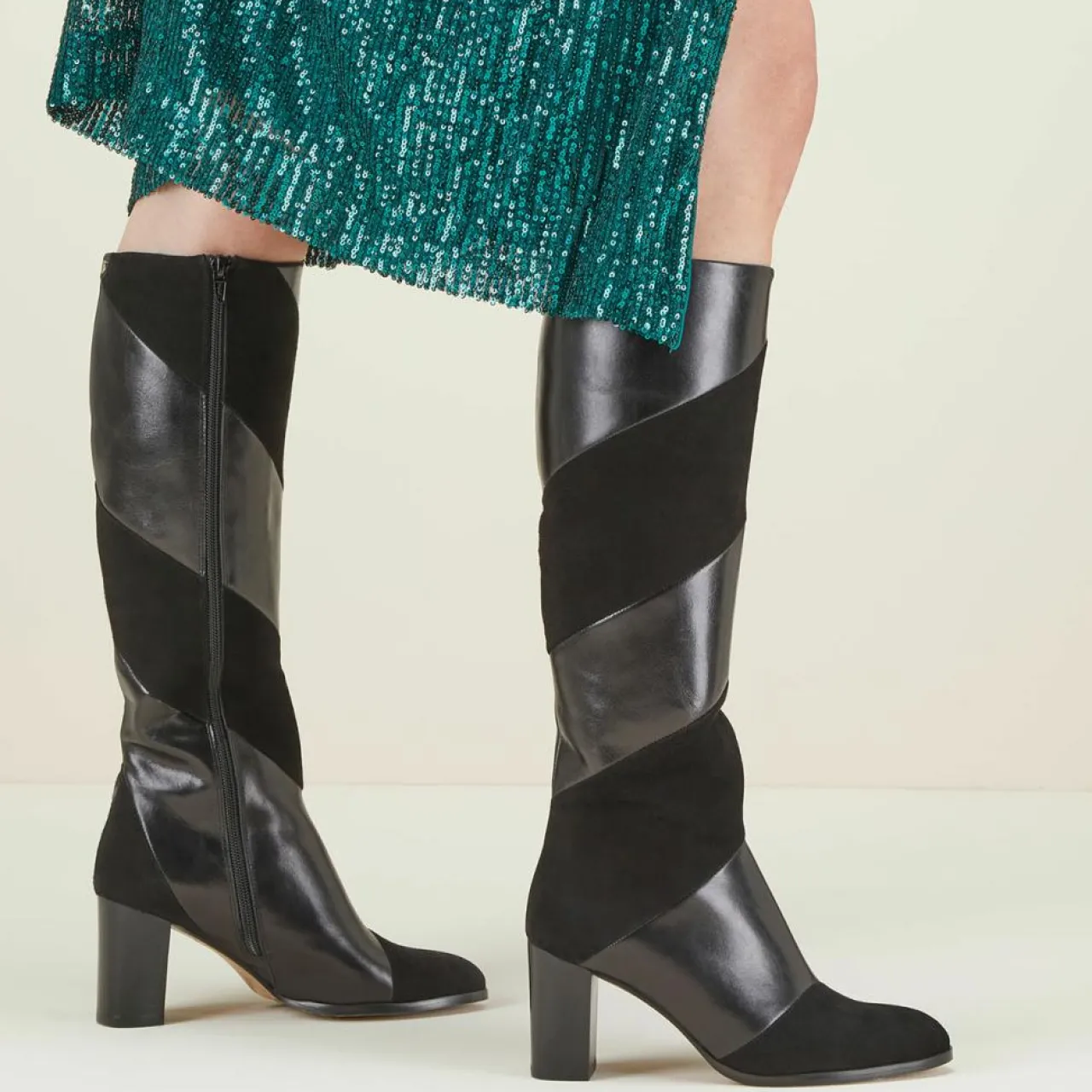 Bottes en Cuir et Velours de Cuir Cleha noires - Talon 7 cm