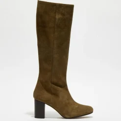 Bottes en Velours de Cuir Lara kaki - Talon 8 cm