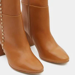 Bottines en Cuir à talon haut et clous camel - Talon 9 cm