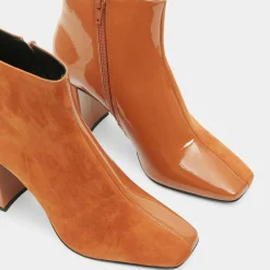 Bottines en Cuir bi-matière à bout carré orange brique - Talon 9 cm