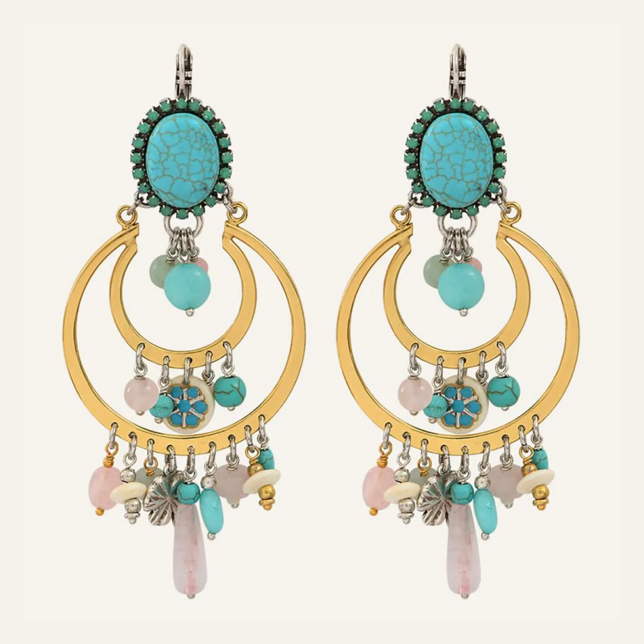 Boucles d'oreilles Lucky Charms Jade, Quartz Amazonite, Howlite & Cristal Swarovski dorées