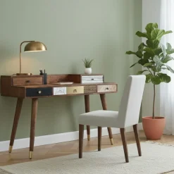 Bureau multi-matériaux peau de vache bois sculpté Naturel - 130x45x88 cm