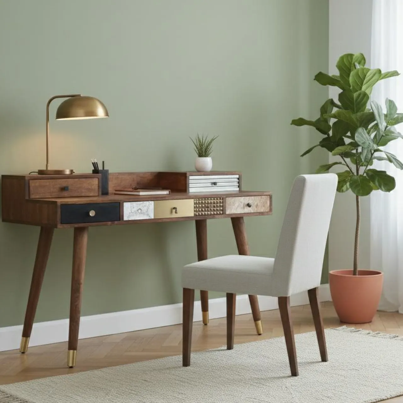 Bureau multi-matériaux peau de vache bois sculpté Naturel - 130x45x88 cm