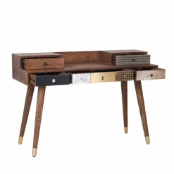 Bureau multi-matériaux peau de vache bois sculpté Naturel - 130x45x88 cm