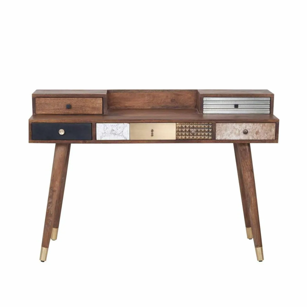Bureau multi-matériaux peau de vache bois sculpté Naturel - 130x45x88 cm