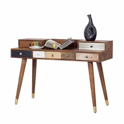 Bureau multi-matériaux peau de vache bois sculpté Naturel - 130x45x88 cm