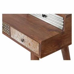 Bureau multi-matériaux peau de vache bois sculpté Naturel - 130x45x88 cm
