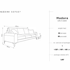 Canapé 3 places velours madara gris - 222x102x90 cm